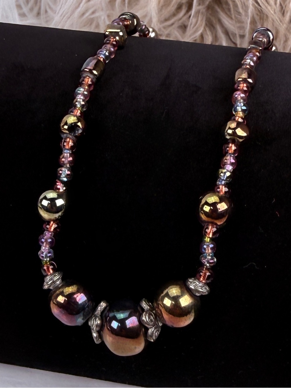 Made With Love Iridescent Glass Bead Necklace Purple Bronze Artisan Toggle